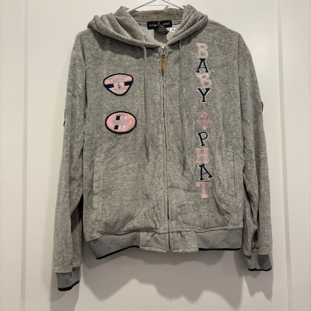 Baby Phat Velour Zip Up Hoodie Gray Pink Racing Patches Y2K XL RN 103890